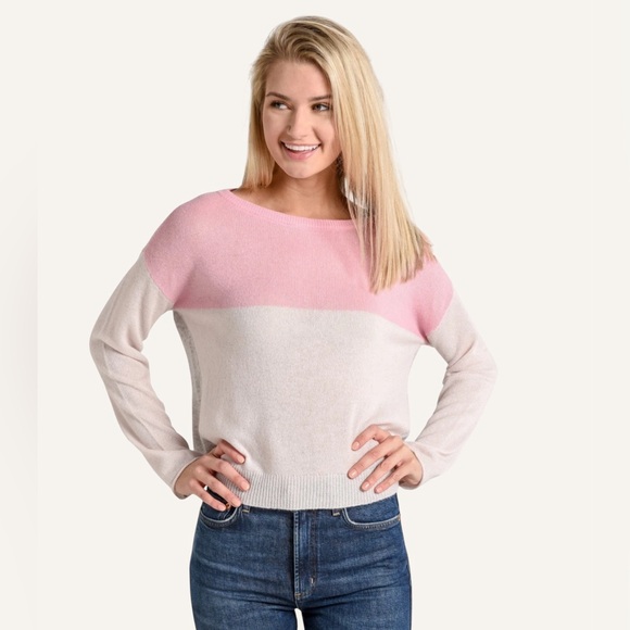 ATM COLORBLOCK 100% CASHMERE SWEATER CREAM PINK GREY size Medium. - Picture 1 of 7